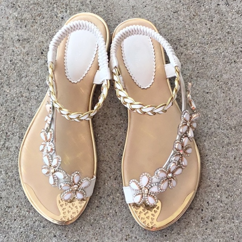 Restock! Atalina Toe Ring White Floral Rhinestone Embellished Woven Gold Sandal